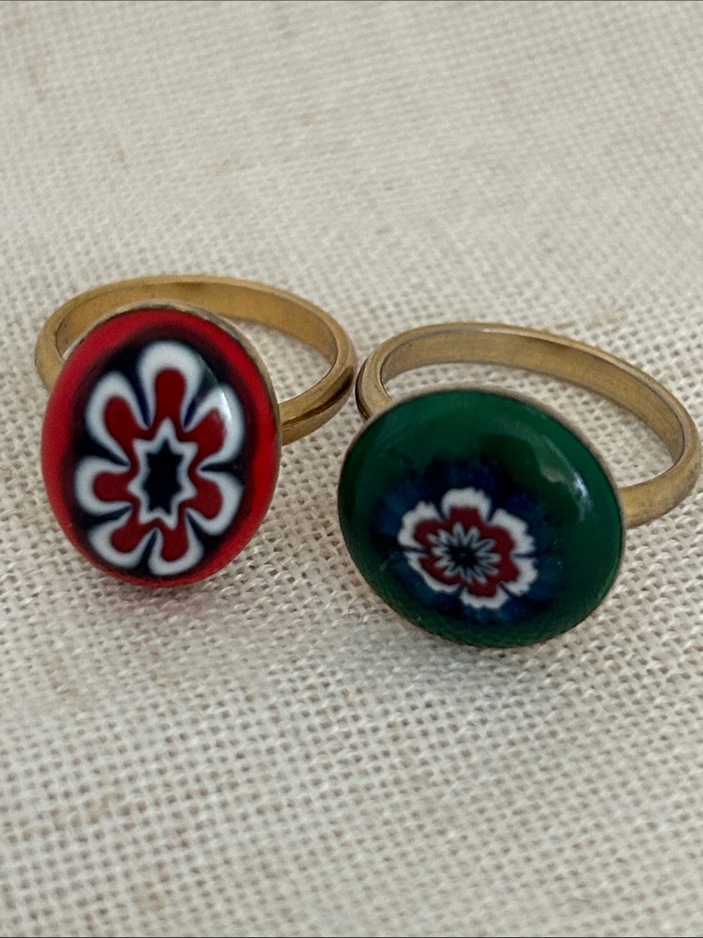 Vintage 1970s rings Glass Flower Millefiori Ring Red Green LOT boho floral art